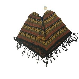 Agan Traders Woven Geometric Print Poncho Tassel Fringe Earth Tones